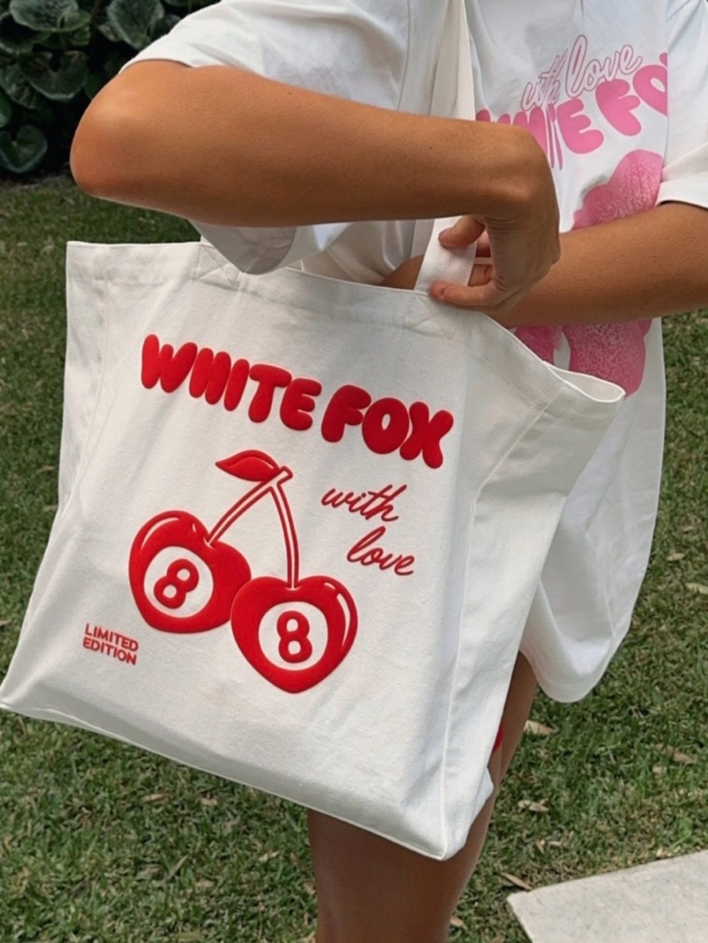 White Fox Boutique tote bag featuring a cherry graphic and "Limited Edition"